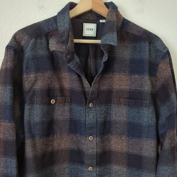 ROWM Plaid Button Down Flannel Shirt Mens XL Navy Blue Brown Check Cotton EUC - Picture 5 of 6